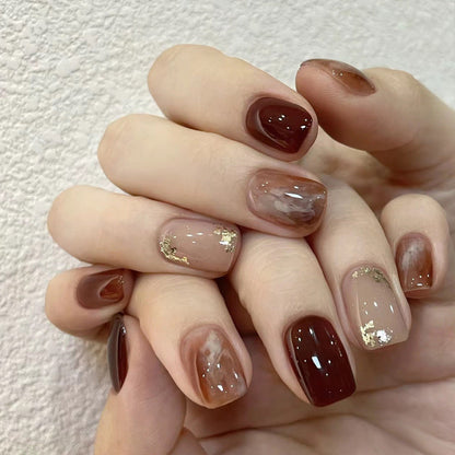 Wearable nail art nail tips wholesale autumn and winter new style amber gold foil nail stickers finished detachable false nails