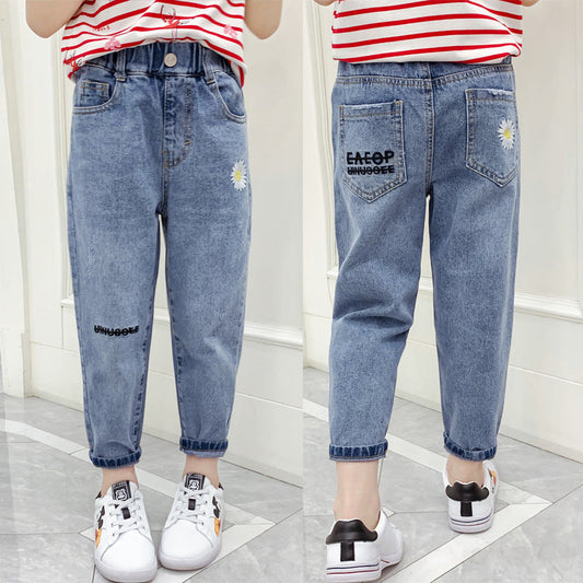 Girls jeans 2024 new spring and autumn children's middle and large children's fashionable long pants loose fashionable pants trend