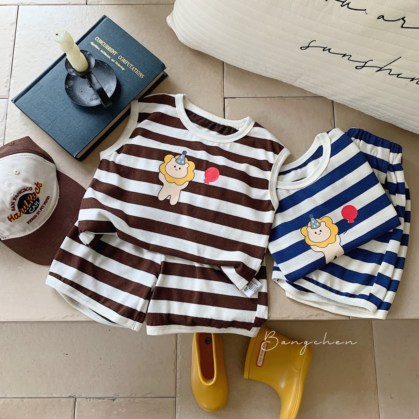 Children's suit Bangcheng 2024 summer boys new lion striped vest + shorts children's clothing two-piece suit G0128