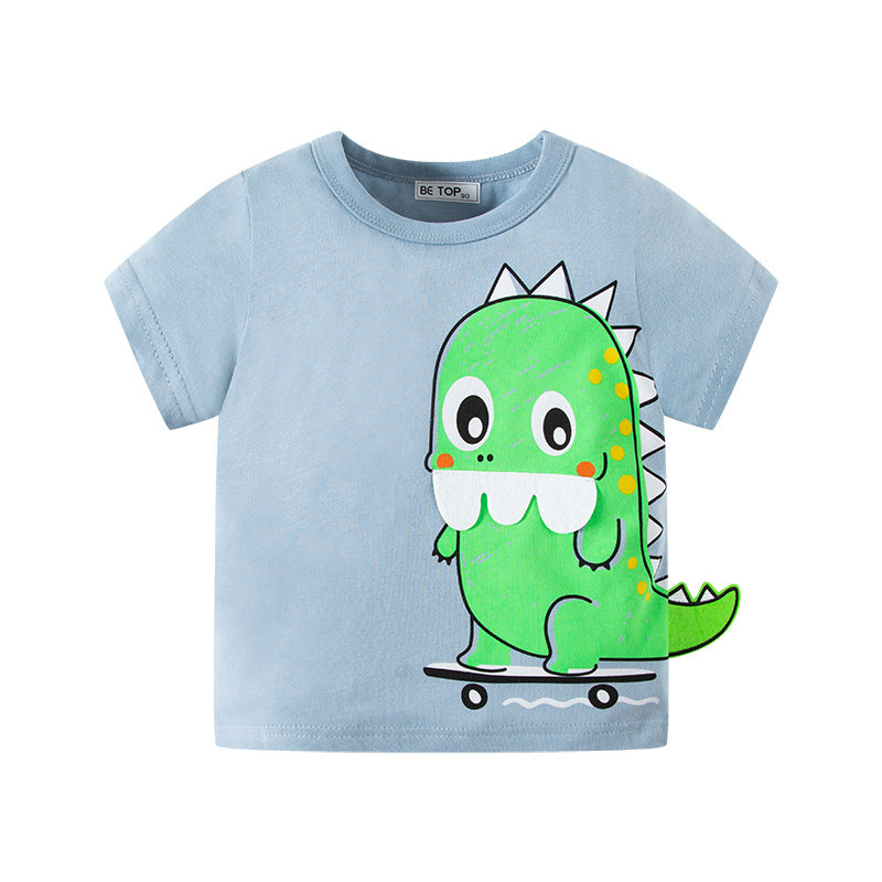 2024 Summer Short-sleeved T-shirt Children's Cartoon Dinosaur Tops Small and Medium Children's Round Neck Sweater Manufacturers One Piece Dropshipping