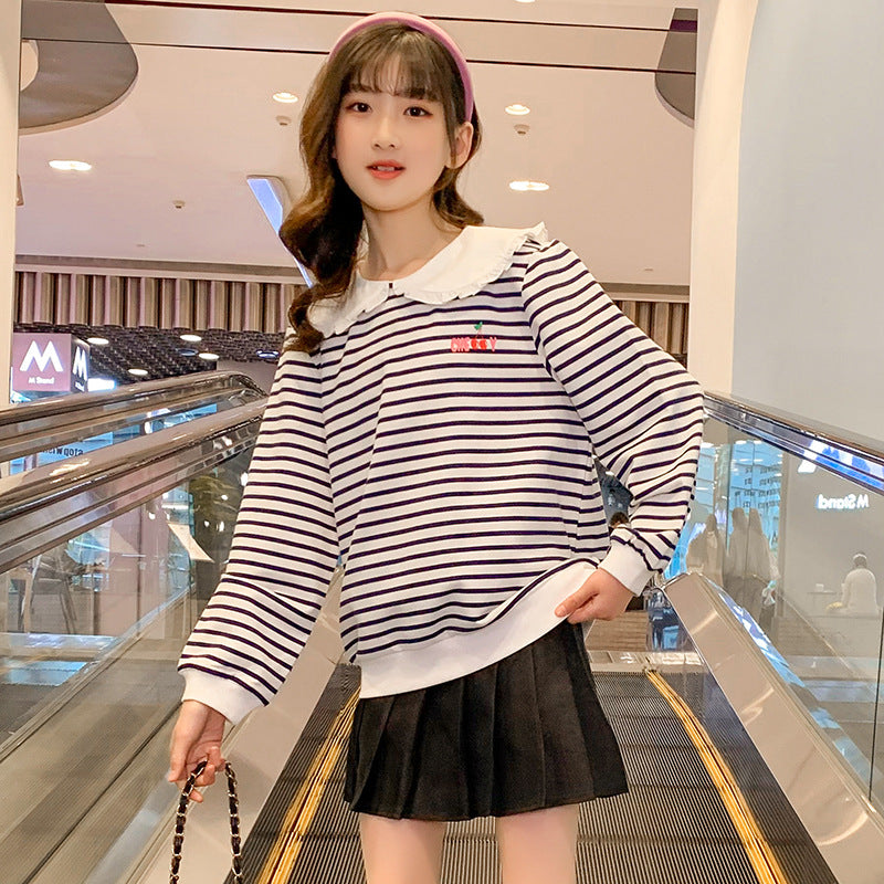 Girls Spring and Autumn Pullover Striped Shirt Doll Collar Small Chanel Style Wood Ear Edge Medium and Large Children Cotton Korean Style Outerwear Western Style