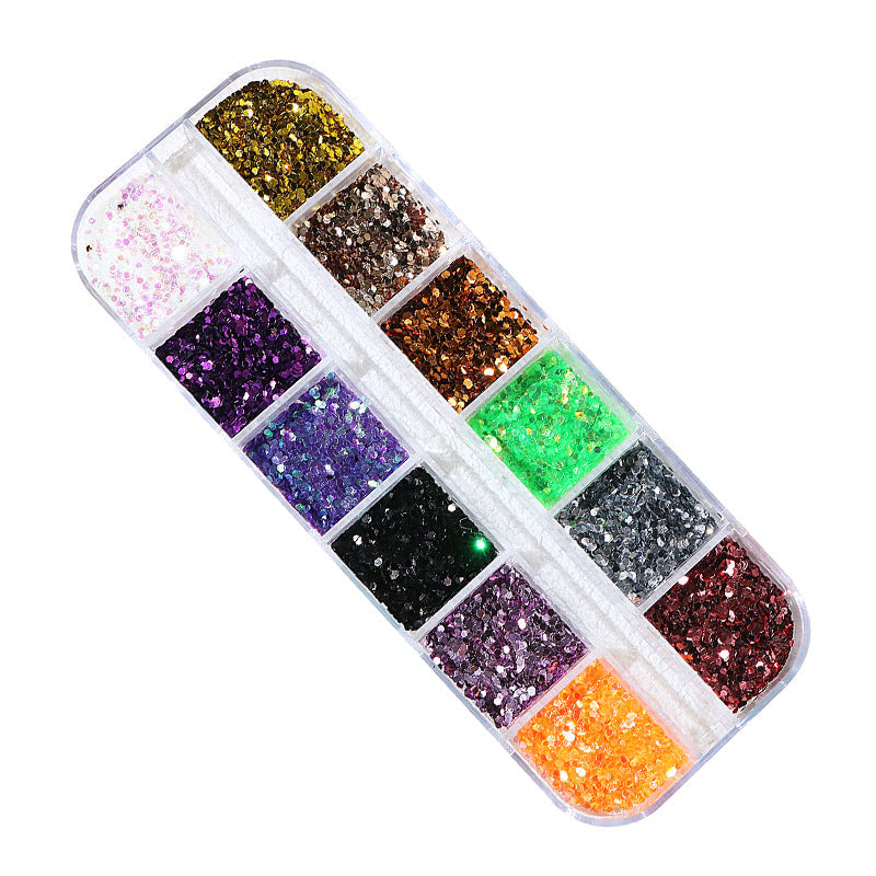 Cross-border 12-grid nail art sequins diamond hexagonal laser sequins fantasy color thin sequins nail art accessories ultra-thin diamond