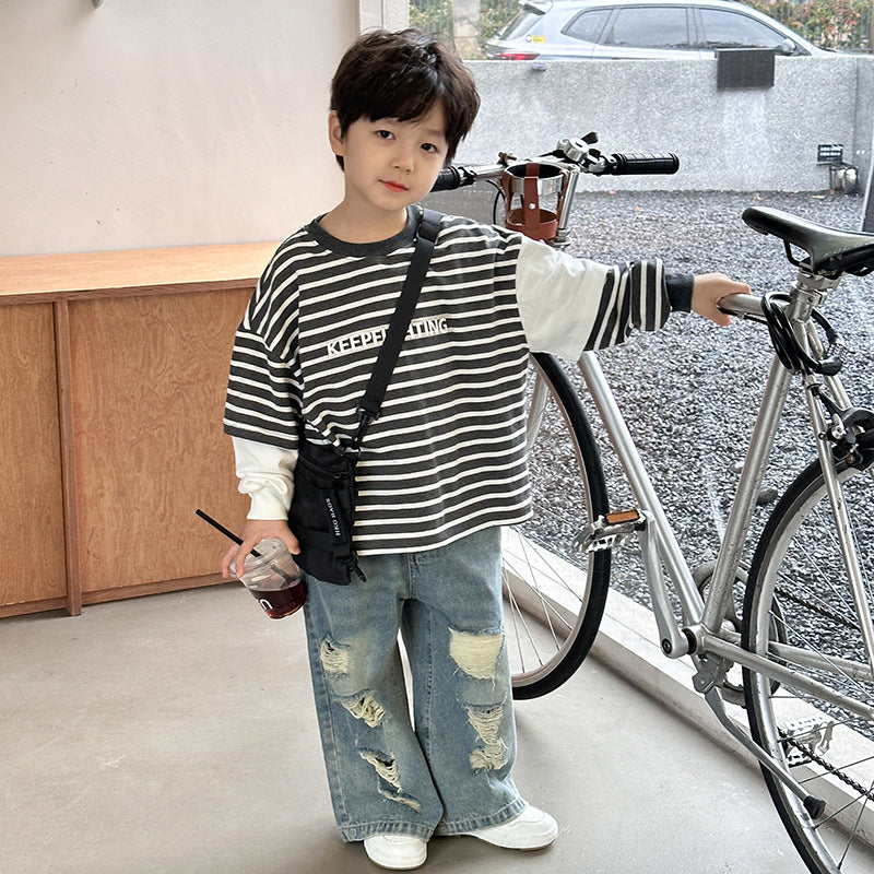 Amo Beibei children's pants 2024 spring style ripped straight jeans for boys and girls handsome personality trousers