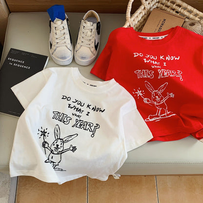 Children's T-shirt 2023 Bangcheng summer style boys and girls small and medium children's printed letters bunny short-sleeved loose T-shirt F0075