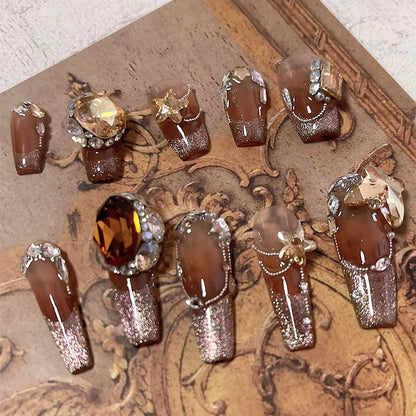 Internet celebrity hot-selling Maillard color nail art crystal pointed bottom diamond jewelry autumn and winter coffee color butterfly nail stack diamond accessories