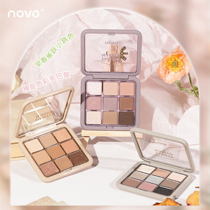 NOVO nine-color eyeshadow palette, earth tones, glittering, super flash, ins, affordable, waterproof, high-end eyeshadow