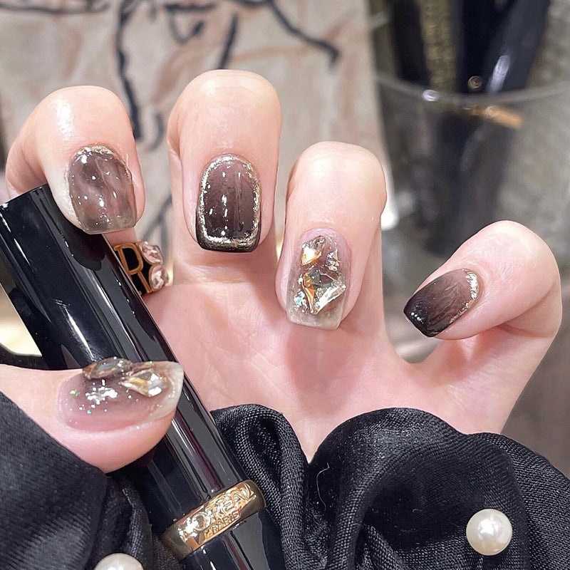 Xiaohongshu bloggers hot recommend nail art wear nail wholesale short ice transparent smudge champagne gold crushed diamond nail stickers finished product