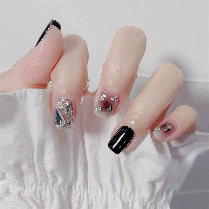 Wearable nail art finished product wholesale Douyin hot short black aurora crushed diamond nail stickers false nails nail pieces 