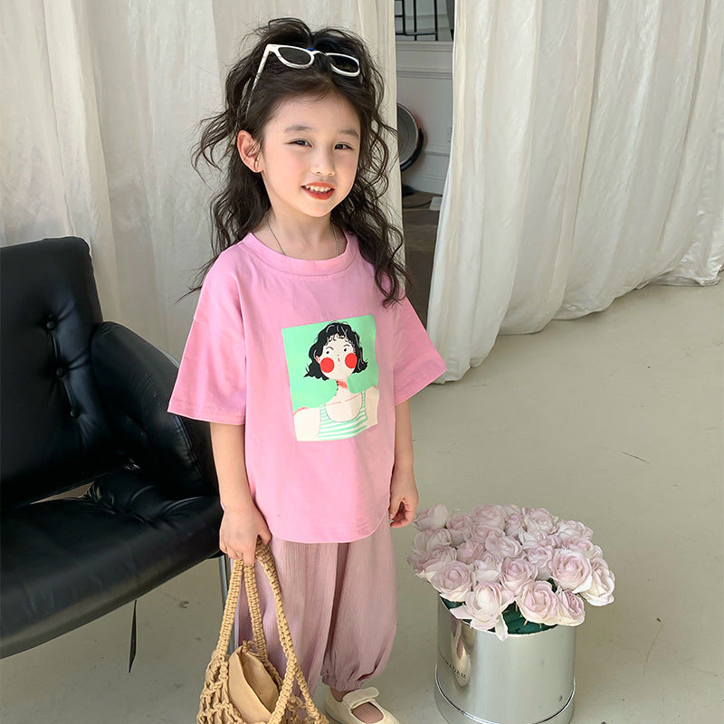 2024 new summer girls pure cotton cartoon short-sleeved T-shirts for small and medium-sized children and babies Korean style half-sleeved tops