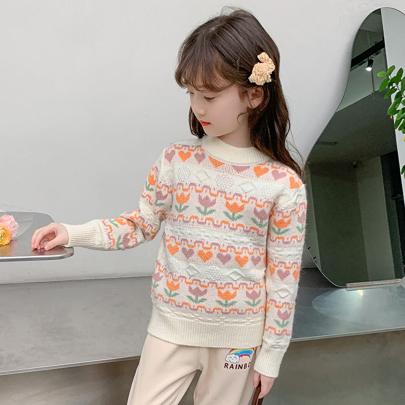 Winter girls' baby thick sweater warm pullover tulip round neck student retro Japanese forest sweater