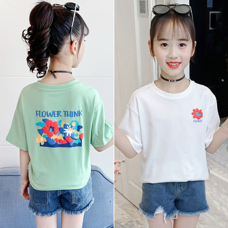 Girls short-sleeved T-shirt summer 2024 new style children's pure cotton tops for middle and large children loose cotton T-shirt