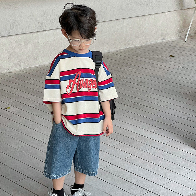 Mikoshi children's clothing children's short-sleeved boy T-shirt baby striped top 2024 summer new boy clothes 5