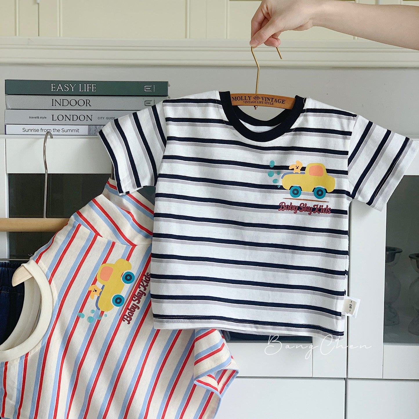 Children's T-shirt Bangcheng 2024 summer children's clothing colorful striped short T-shirt boy short-sleeved cartoon top G0267