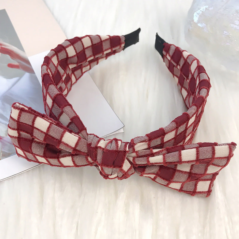 Big Bow Headband for Women Korean Cute Retro Temperament Christmas Hair Clip Checkered Fabric Headband Hair Cave