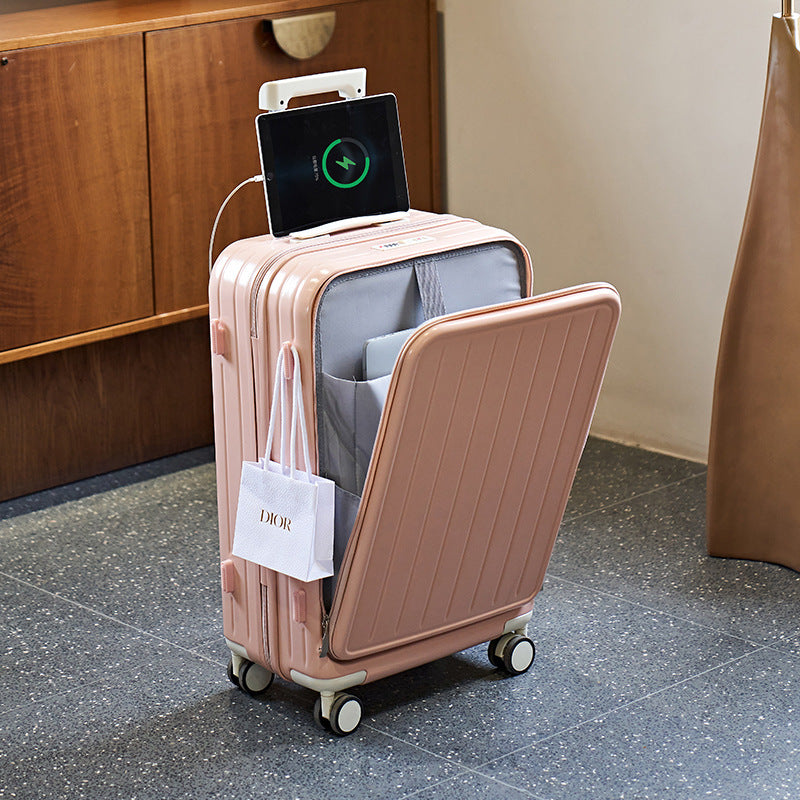 Suitcase with USB interface, front opening trolley case for women, men's fashion cup holder, password suitcase 20 cabin case 