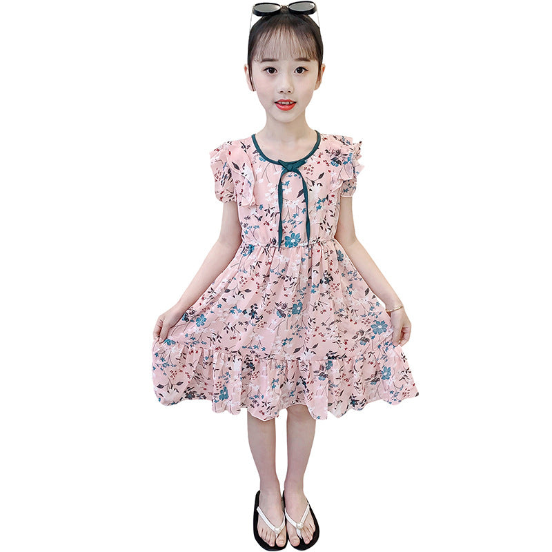 Girls floral chiffon dress 2024 new summer vest dress girl stylish skirt children's princess dress