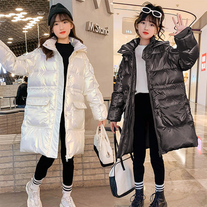 Girls 2024 new cotton-padded winter coat with long waist and skirt, medium and large children's cotton-padded jacket, fat and fashionable