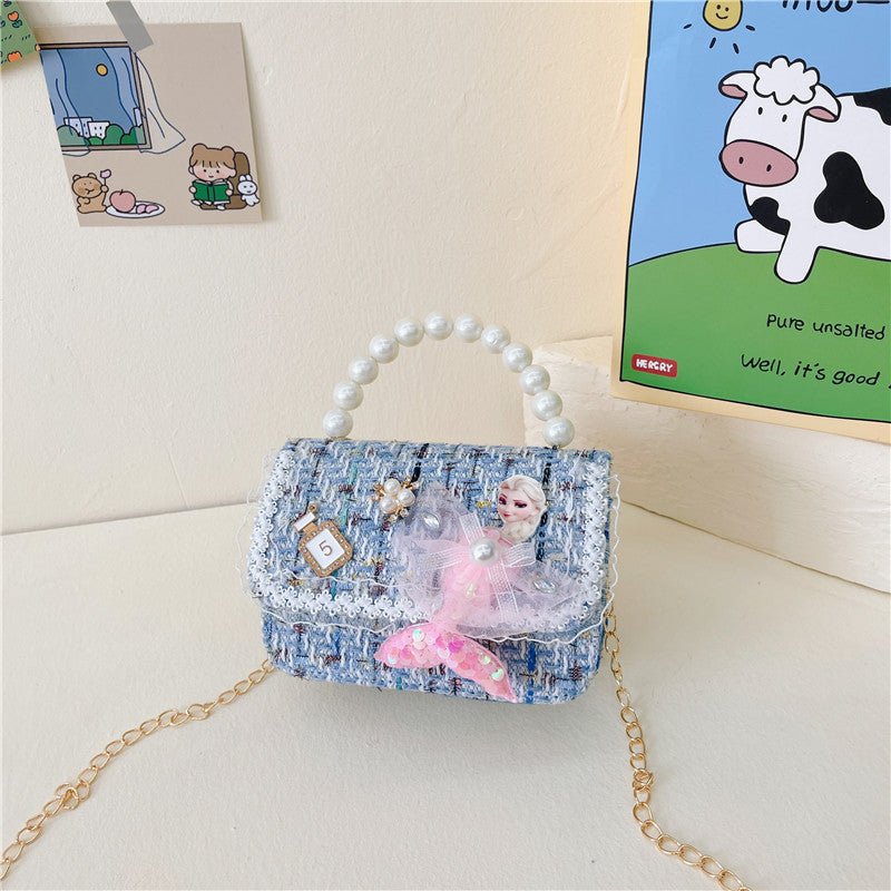 Children's messenger bag fashionable girl princess small fragrance style pearl hand-held change small shoulder bag cute girl shoulder bag 