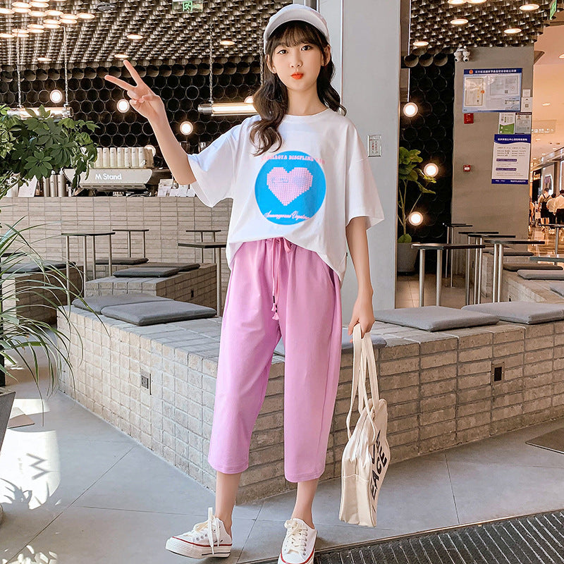 Girls summer cotton cropped trousers wide-leg trousers elastic loose net celebrity straight trousers sports leisure summer primary school student trend