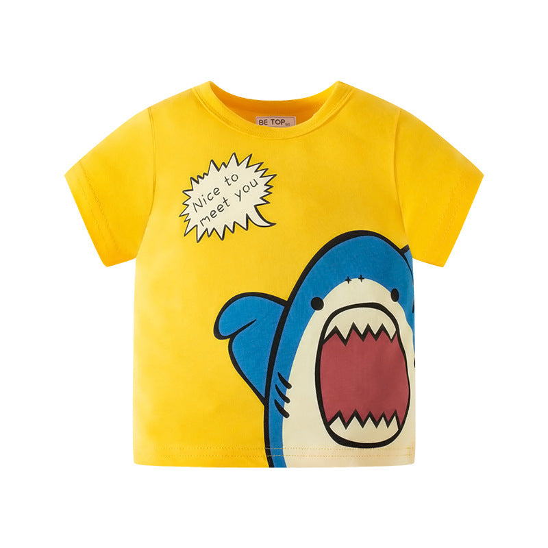 Summer Korean style new children's cartoon shark print boy cotton T-shirt baby top children's clothing one piece delivery