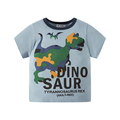 Boys T-shirt summer clothes 2024 new summer children's short-sleeved camouflage dinosaur thin style knitted sweater top trend