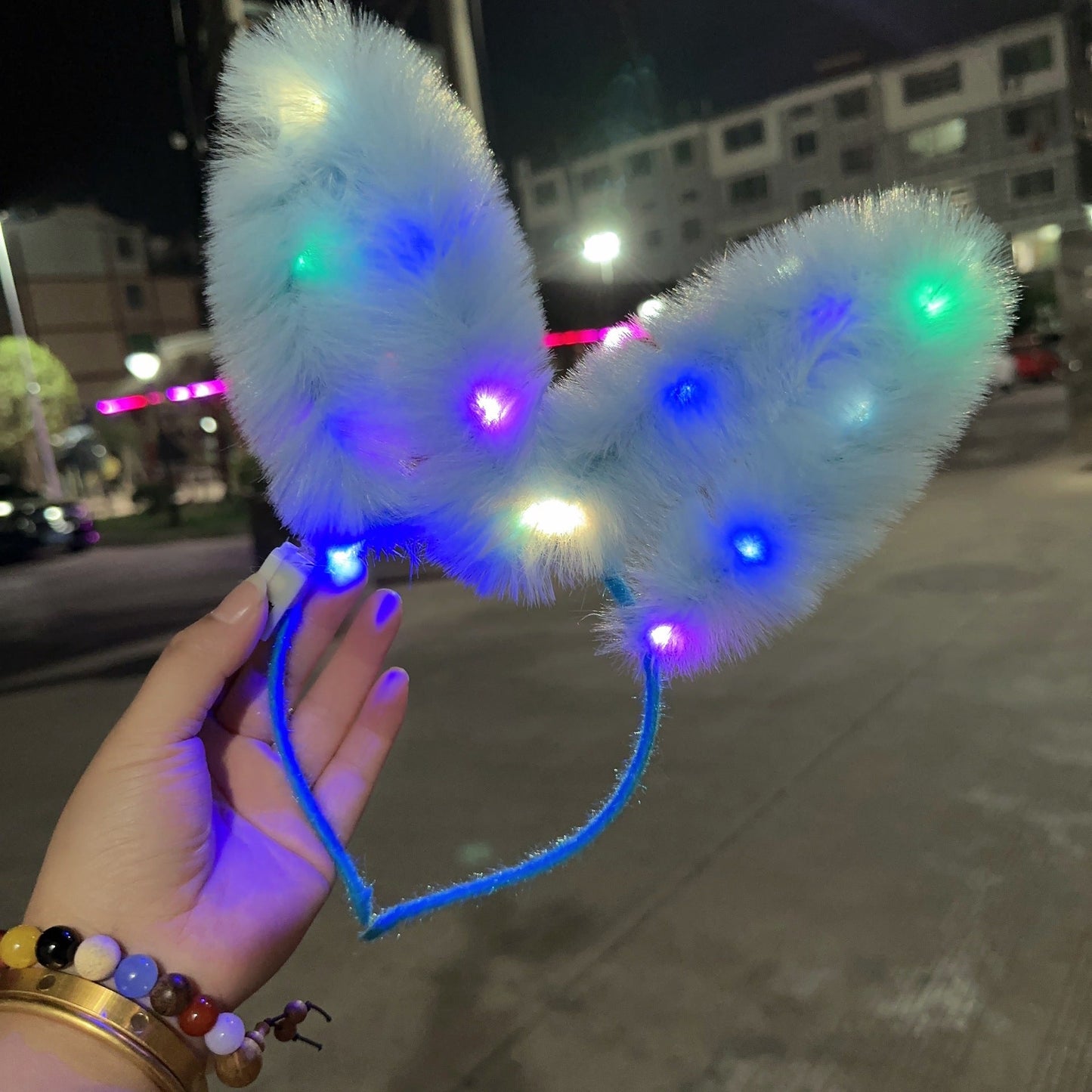 New 14-light feather rabbit ear headband furry rabbit headband flash headdress fairy luminous hairpin stall toy