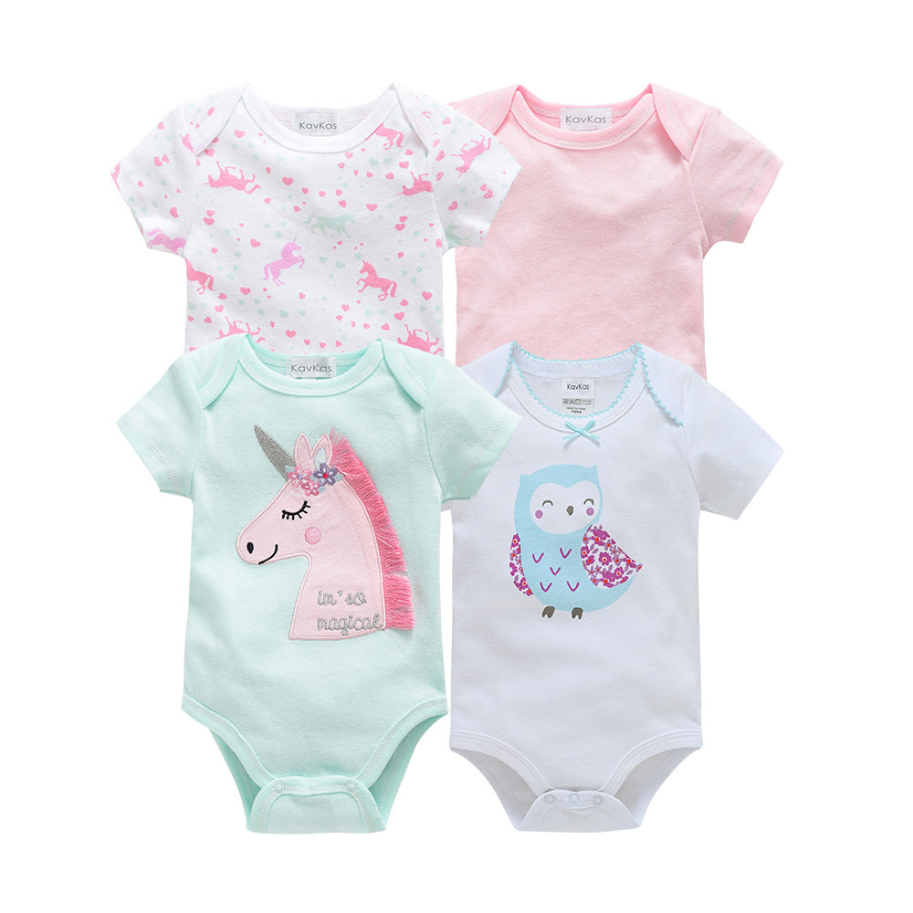 Baby bodysuit A-type ins style summer short-sleeved cartoon cute one-piece baby envelope collar romper four-piece set 