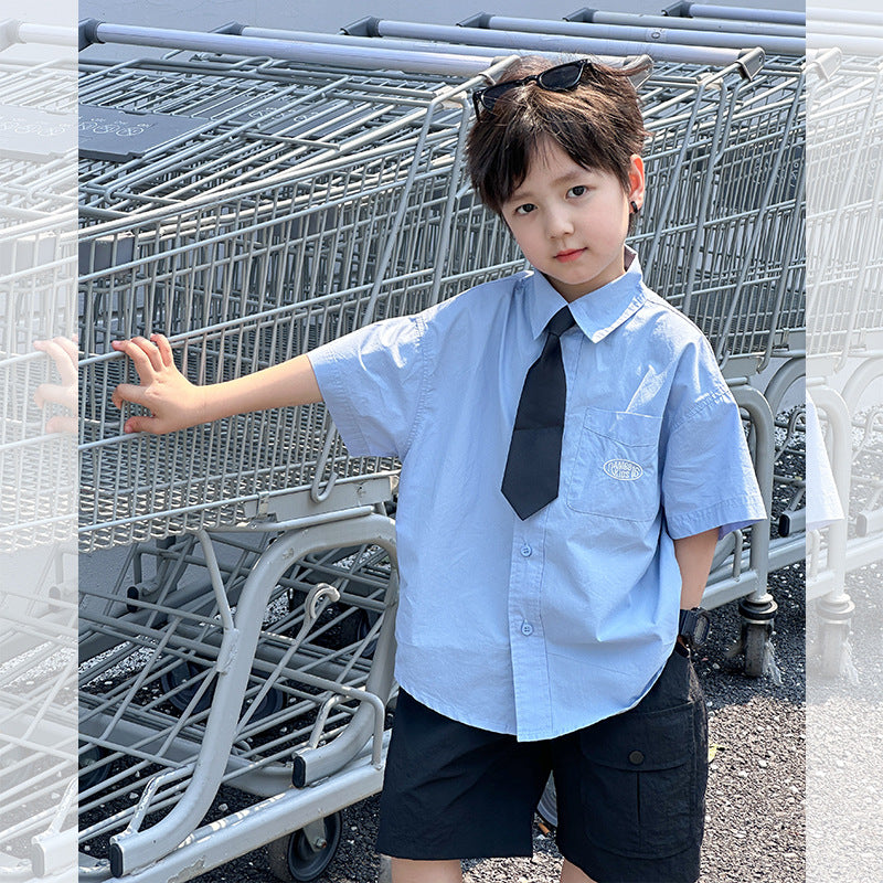 Amo Beibei children's 2024 summer handsome embroidered short-sleeved tie shirt for boys and girls washed cotton temperament tops