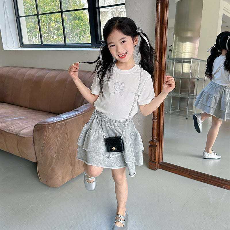 2024 Spring and Summer New Korean Version Small and Medium-sized Children Girls Bowknot Hot Diamond Short-sleeved T-shirt Short Style Ins Sweet Girl Top Trend