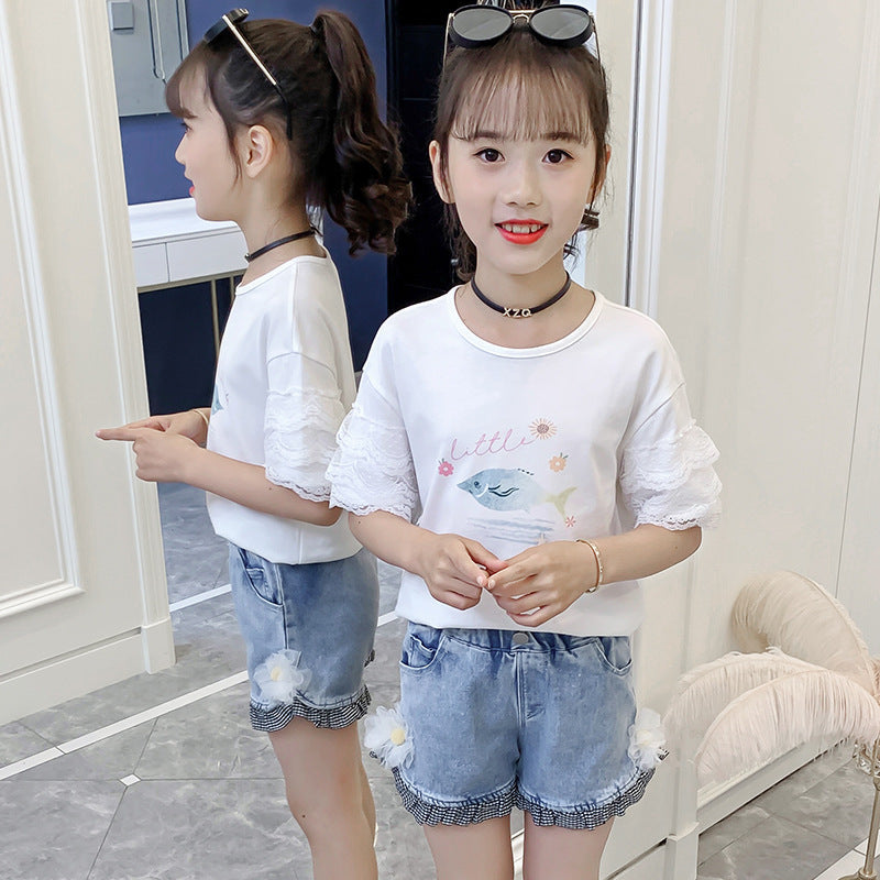 Girls short-sleeved T-shirt 2024 new summer style children's stitching lace top girl cartoon half-sleeved T-shirt