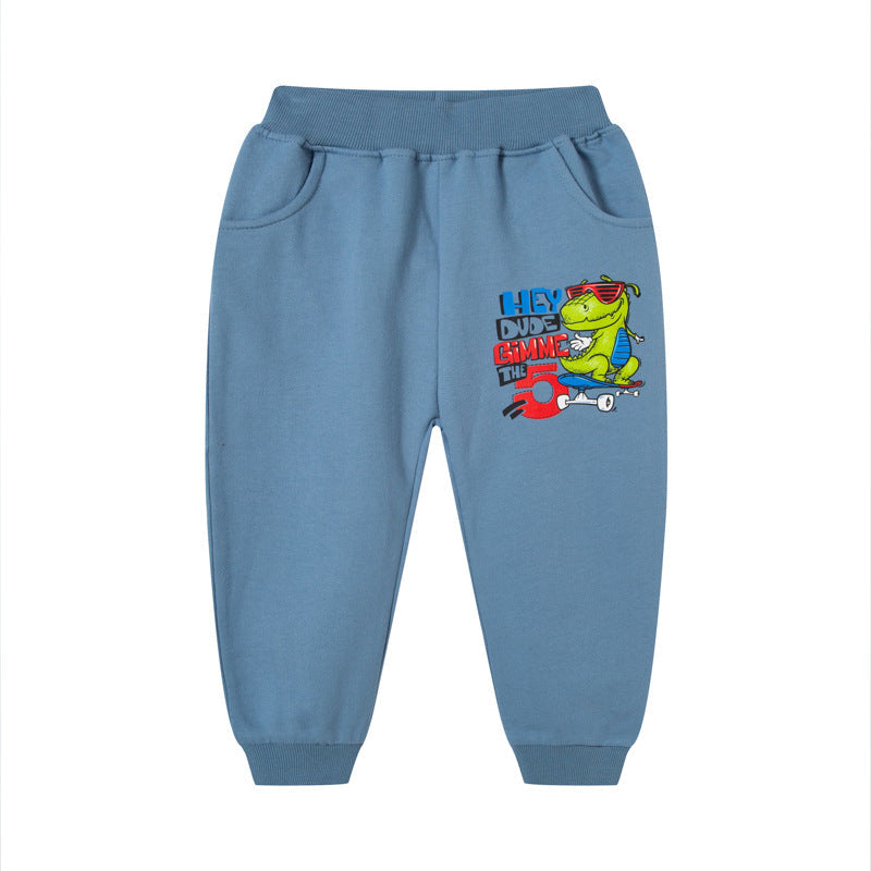 2023 new children's autumn boys sports trousers dinosaur cartoon pattern pure cotton trousers knitted children's trousers