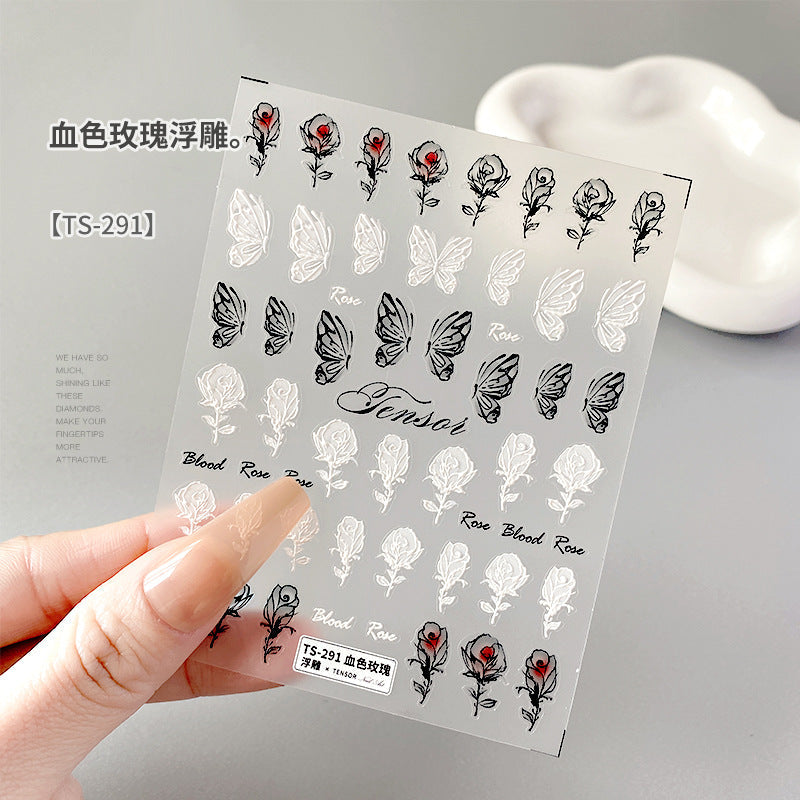 Nail stickers embossed thin and tough peach flower butterfly decals with adhesive backing three-dimensional texture dark style nail patch accessories