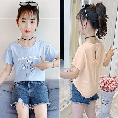 Girls summer short-sleeved T-shirt new style fashion print round neck T-shirt cute bow casual cotton top