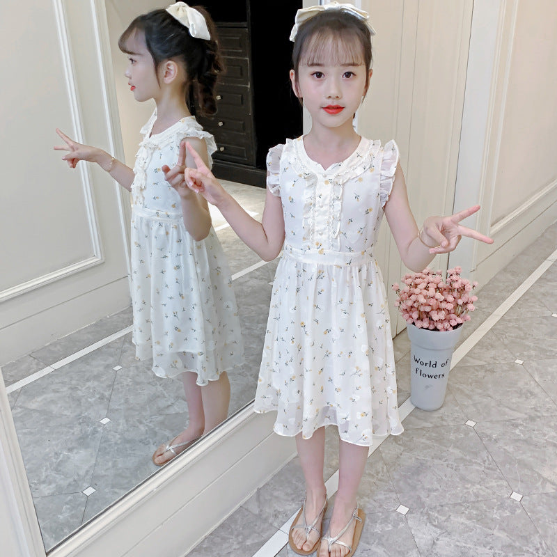 Girls chiffon dress summer 2024 new children's chiffon floral dress fashionable ear-edge flying sleeves princess dress