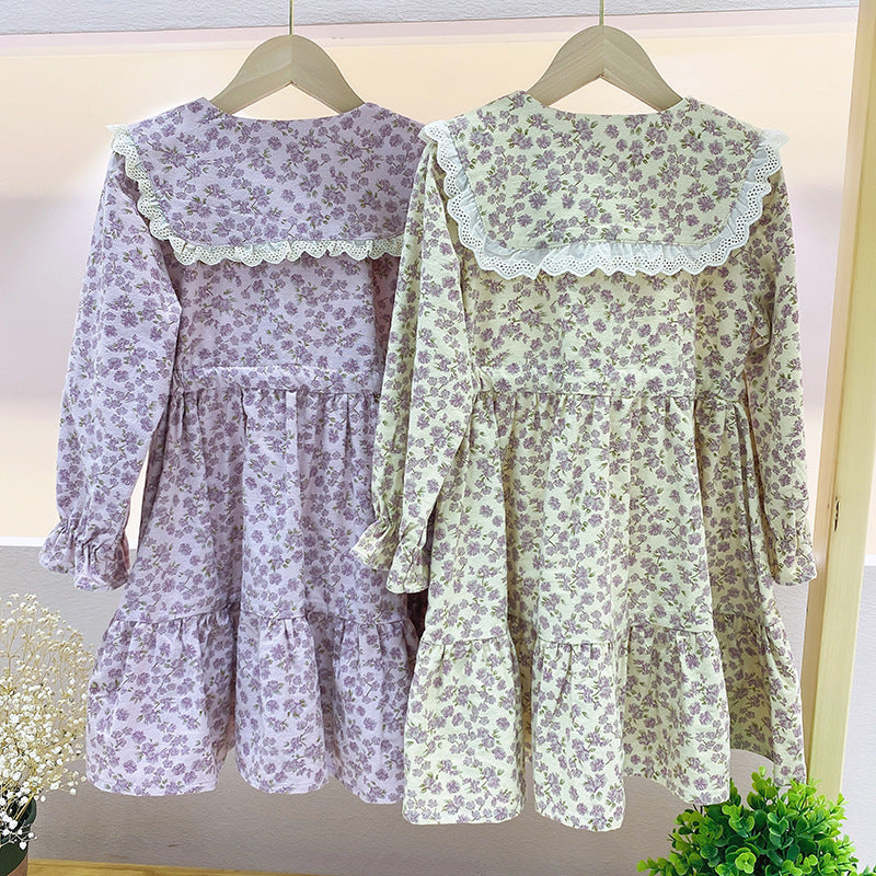 Girls winter spring and autumn 2024 new thickened dress floral brushed cotton doll collar waist princess dress trend