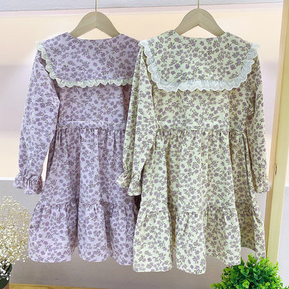 Girls winter spring and autumn 2024 new thickened dress floral brushed cotton doll collar waist princess dress trend