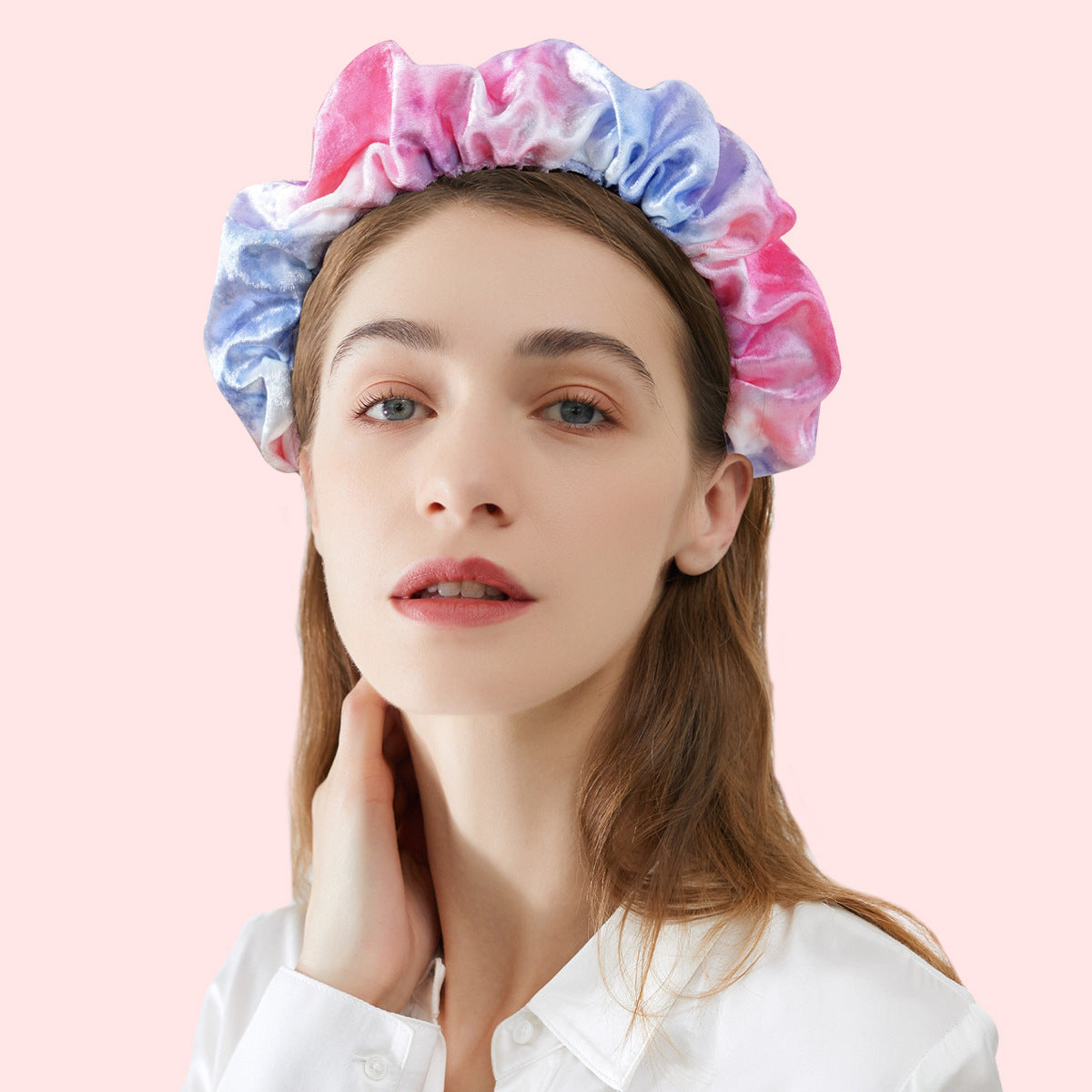 Amazon new style headband for women European and American flannel pleated face wash hair buckle tie-dye color versatile headband for women