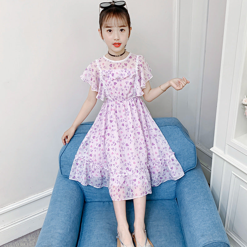 Girls dress short-sleeved chiffon dress new summer medium and large children's stylish printed princess dress Bohemian long skirt