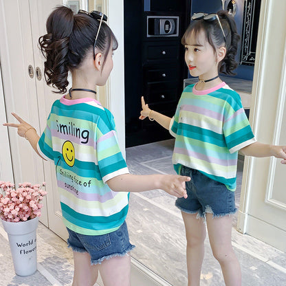 Girls summer T-shirt 2024 new medium and large children's striped color stripe short-sleeved top cotton rainbow casual T-shirt