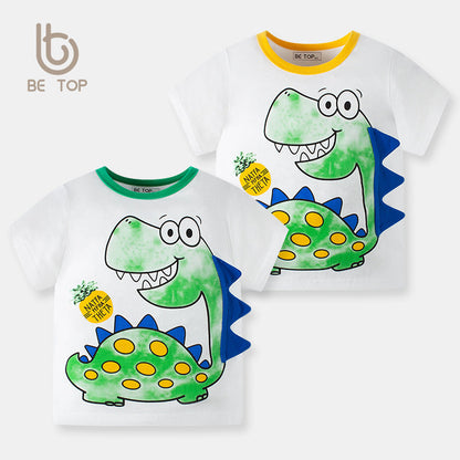 2024 New Children's Cartoon Dinosaur Boy Short-sleeved T-shirt Knitted Sweater Baby Top Cotton Children's Clothing Wholesale Trend