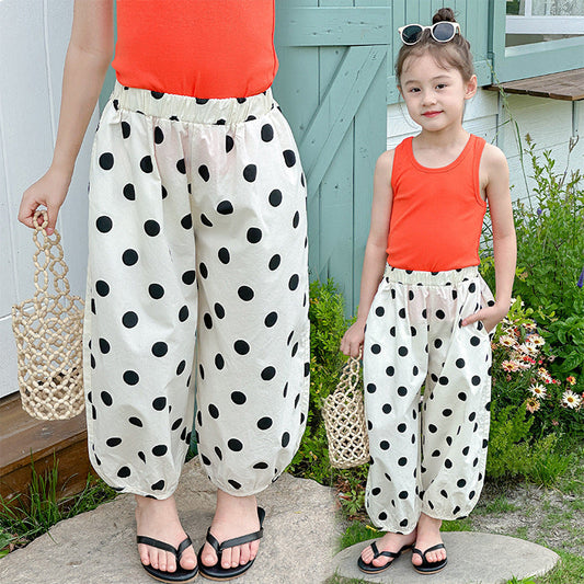 Children's summer cotton bloomers anti-mosquito pants pure cotton polka dot cuffs thin cool fat wide pants boys and girls wide-leg pants