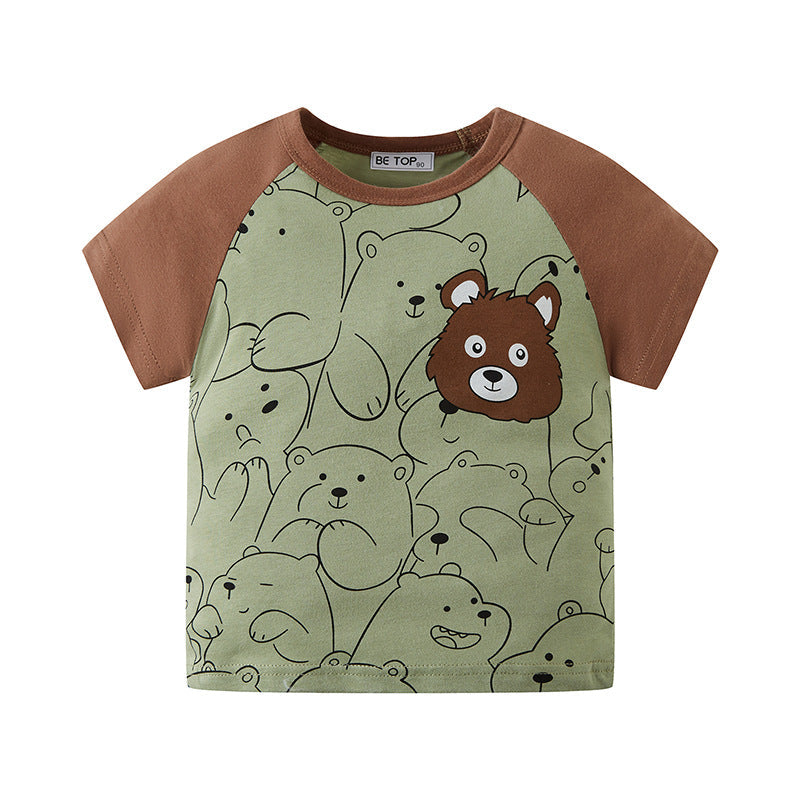 be top cartoon children's clothing full print bear children's short-sleeved T-shirt round neck baby sleeve top trendy one piece