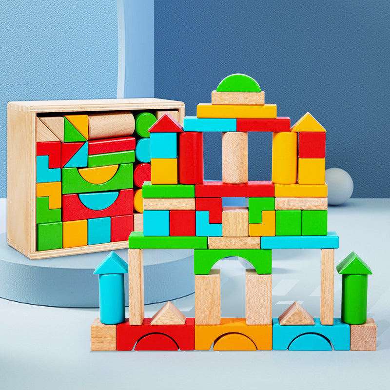 Children's wooden creative construction stacking early education 50 beech wood large particles geometric assembly building blocks educational toys