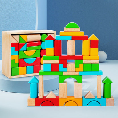 Children's wooden creative construction stacking early education 50 beech wood large particles geometric assembly building blocks educational toys