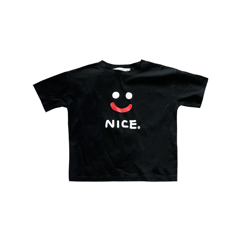 Korean children's clothing 2024 summer children's short-sleeved bottoming shirts for boys and girls with smiley face prints loose T-shirts and stylish tops