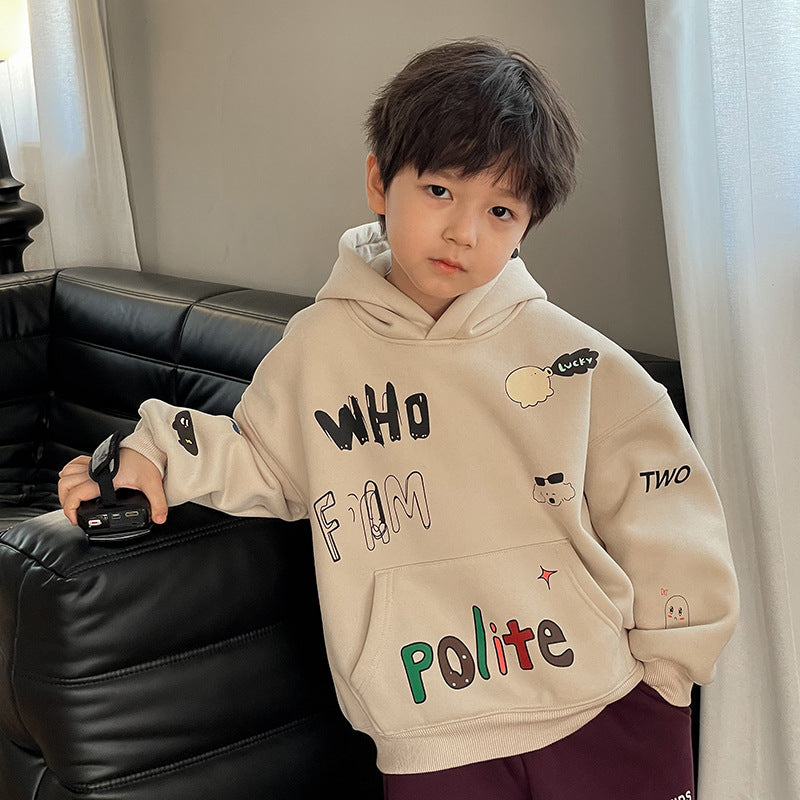 Amo Baby 2023 Winter Children's Thickened Velvet Hooded Letter Graffiti Sweater Baby Handsome Warm Jacket