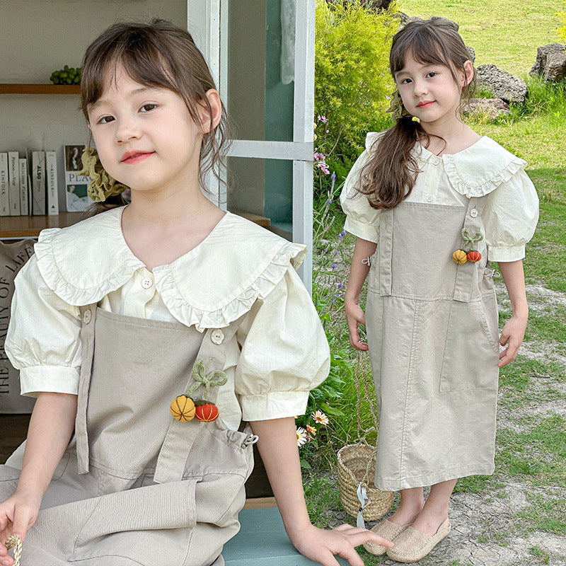 Girls summer cotton suit overalls skirt loose Korean style babydoll shirt short sleeve two-piece suit small children's big children's dress