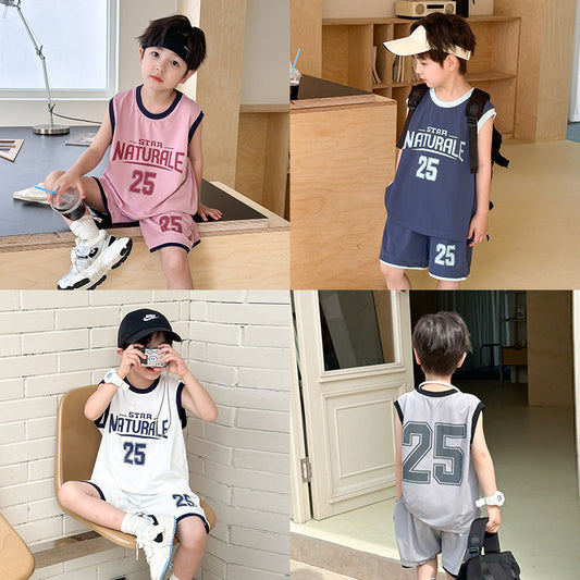 Elmo Beibei 2024 Summer Boys Contrast Letter Sports Set two-piece Baby Mesh Breathable Basketball Vest Set