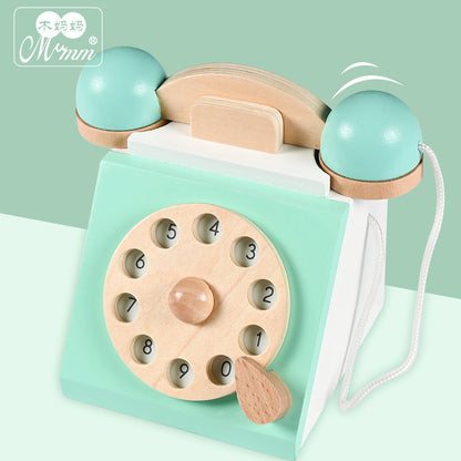 Wooden children's simulation retro telephone digital cognition children's play house boys and girls parent-child interactive toys