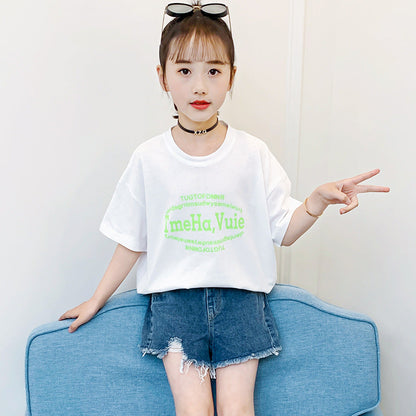 Girls short-sleeved T-shirt summer clothes 2024 new Korean style popular children's clothing middle and large children's summer loose tops